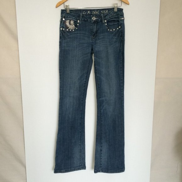LA Idol USA Womens Jeans Boot Cut Sz 9 Feather Headdress Rhinestones Embellished - Picture 2 of 12